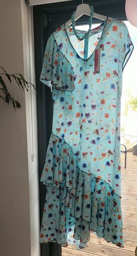 NATASHA ZINKO blue floral ruffle midi Sz 12 UK - Bnwt - Rrp 651 Sterling