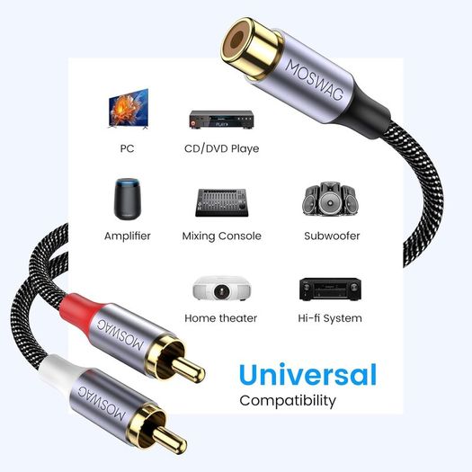 MOSWAG RCA Y Splitter Cable, 1 Female to 2 Male Audio Adapter, Nylon Braided Hi-Fi Splitter for Subwoofer, Home Theater, HDTV, Amplifier, Gaming Console