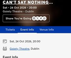 ROW C Vittorio Angelone x2 tickets Saturday 24th Oct Gaiety theatre Dublin