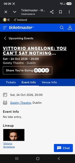 ROW C Vittorio Angelone x2 tickets Saturday 24th Oct Gaiety theatre Dublin