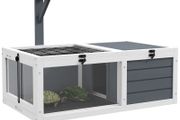 Tortoise Table with Wooden Lamp Holder, Wooden Tortoise House w/ Openable Lids, Pull-Out Trays - Grey