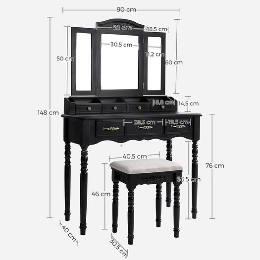 Dressing Table with 7 Drawers, Dressing Table with Padded Stool, 3-Piece Folding Mirror with Chain Hook, 4 Open Compartments, 2 Narrow Compartments for Brushes, Wooden Legs, Black