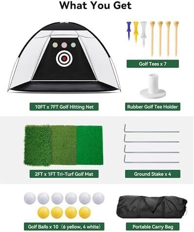 10x7ft Golf Practice Net for Backyard Driving with Triple Turf Mat 10 Practice Balls