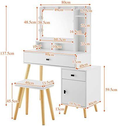 Dressing Table with Hollywood LED Mirror, Light Adjustable Brightness, Dressing Table, Padded Stool Set, White, Wooden Cosmetic Table with Drawer and Storage Cabinet