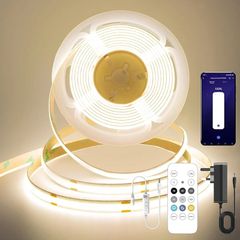 COB LED Strip Light 5M,24V Dimmable Dotless LED Strip with App and Remote dimmable,Natura White 4000K,8mm Wide,CRI>90,cutable Strip Lights with Power Supply for Bedroom,Kitchen,cabinets