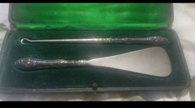 Victorian Sterling Silver large shoe horn and boot hook in original box.