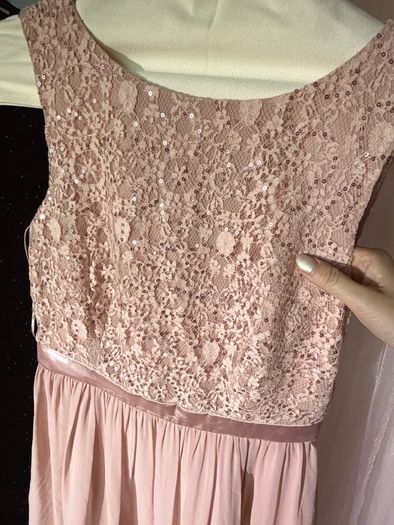 Dusty Rose Pink Sleeveless Lace-Trimmed Chiffon Waist-Cinched Dress