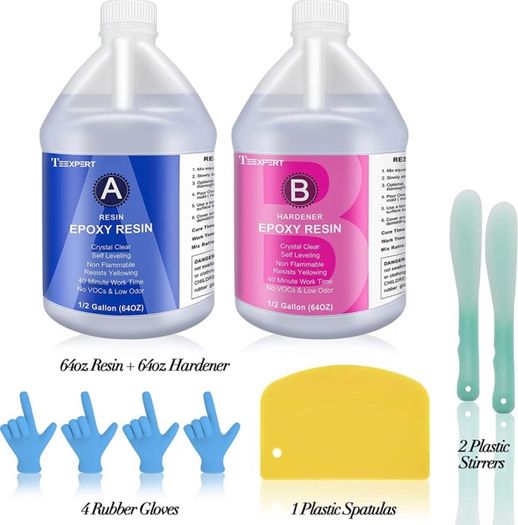 Epoxy Resin Crystal Clear Kit- 1 Gallon /128oz - Casting Resin for Jewellery DIY Art Craft Resin Coating Easy Cast Epoxy, with Sticks/Plastic Spreader/Graduated Cups/Pairs Gloves/Instructions (FREE POSTAGE)