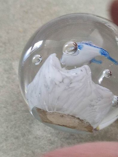 Vintage Art Glass Round Aquarium Paperweight with Bubbles and one Blue Dolphins