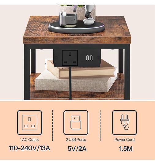 Bedside Table with Charging Station, End Table with 3 Fabric Drawers, Sofa Side Table with USB Ports and Socket, Nightstand for Bedroom, Living Room, Rustic Brown and Black