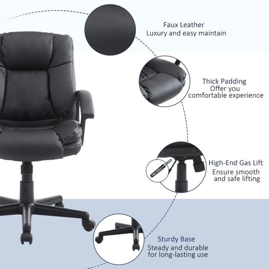 Mid Back Executive Office Chair, Faux Leather Computer Desk Chair with Swivel, Double-Tier Padding, Arm, Wheels, Black