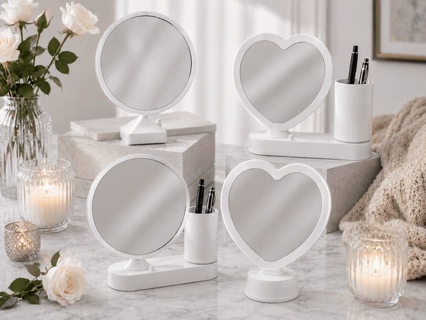 Magic mirror with photo insert and LED light with pen holder - HEART-SHAPED