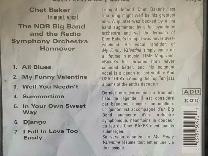 CHET BAKER  /  My Favourite Songs - The last great concert