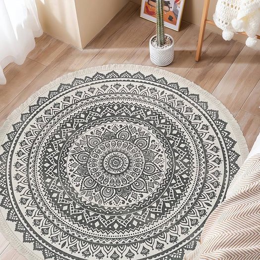 MULTIPLE SIZES AVAILABLE Round Cotton Area Rugs 120cm Hand Woven Tassels Carpet Chic Bohemian Pattern Floor Mats Boho Carpet for Bedroom Living Room Sofa Coffee Table Swing Chair Bed Side, Grey Black