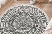 MULTIPLE SIZES AVAILABLE Round Cotton Area Rugs 120cm Hand Woven Tassels Carpet Chic Bohemian Pattern Floor Mats Boho Carpet for Bedroom Living Room Sofa Coffee Table Swing Chair Bed Side, Grey Black