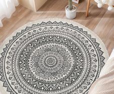 MULTIPLE SIZES AVAILABLE Round Cotton Area Rugs 120cm Hand Woven Tassels Carpet Chic Bohemian Pattern Floor Mats Boho Carpet for Bedroom Living Room Sofa Coffee Table Swing Chair Bed Side, Grey Black