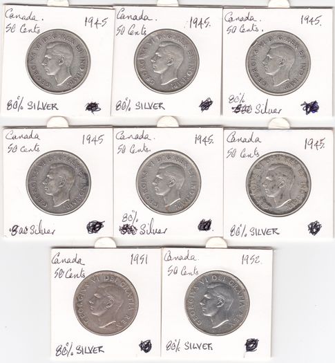 CANADA, 8 X 50 CENTS, 80% silver coins (no. 442)