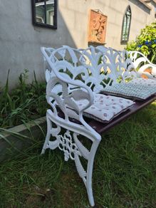 Garden bench, cast iron, very heavy, beautiful design, restored seat, outside outdoor garden sitting, cast iron, treated timber decorations, furniture patio decking, great present. Ignore flowers, pots, plants, garden statue, chair, swing, patio table