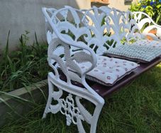 Garden bench, cast iron, very heavy, beautiful design, restored seat, outside outdoor garden sitting, cast iron, treated timber decorations, furniture patio decking, great present. Ignore flowers, pots, plants, garden statue, chair, swing, patio table