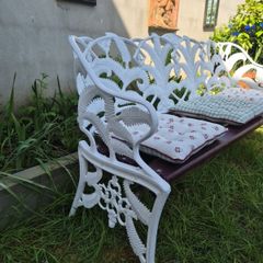 Garden bench, cast iron, very heavy, beautiful design, restored seat, outside outdoor garden sitting, cast iron, treated timber decorations, furniture patio decking, great present. Ignore flowers, pots, plants, garden statue, chair, swing, patio table