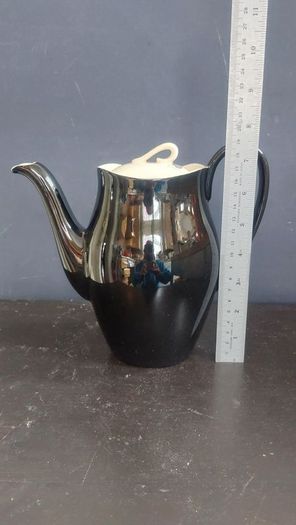 Stunning Vintage MCM 1950's Coffee Set for Six, Including Coffee Pot, by Johnson Bros, in Black and Cream with Pink Rose Detailing and Platinum Gilt Design