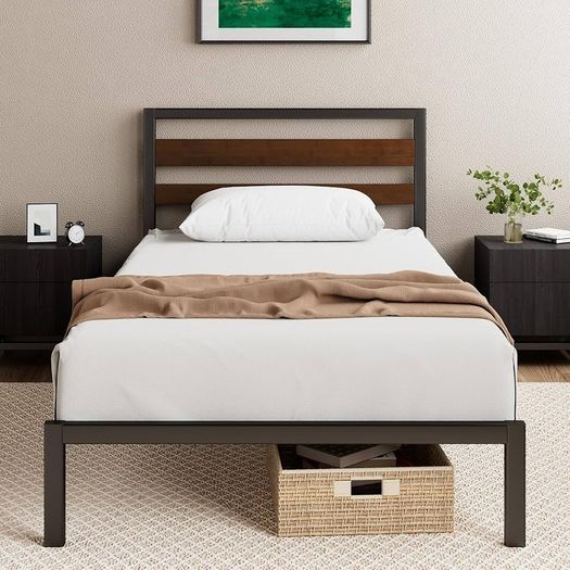 Single Bed Frame 90x190 cm 80cm Height Sustainable Bamboo & Metal Bed Frame with Headboard Steel slat support Eco-Friendly Bed frame  Easy Assembly Black and Brown