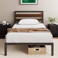 Single Bed Frame 90x190 cm 80cm Height Sustainable Bamboo & Metal Bed Frame with Headboard Steel slat support Eco-Friendly Bed frame  Easy Assembly Black and Brown