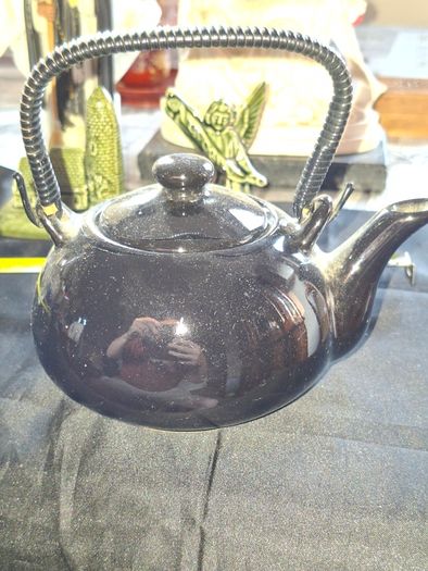 Chinese Porcelain Teapot peacock and floral patterns with gold black braided wicker or bamboo style handle, Postage Available or Collection