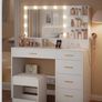 Dressing Table with 3-Colour LED Adjustable Brightness, Vanity Table with Plug and Large Mirror, Stool and Hairdryer Holder, Muti-Drawer Dressing Table, 6 Open Storage Areas Image 7