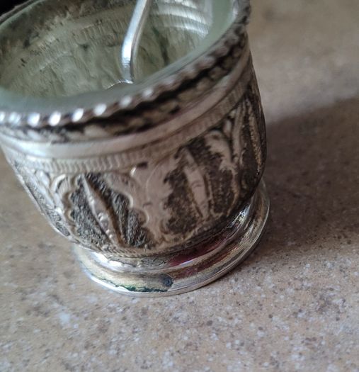 20th Century malaysian silver condiment set in carved/polished horn base tray of a bird