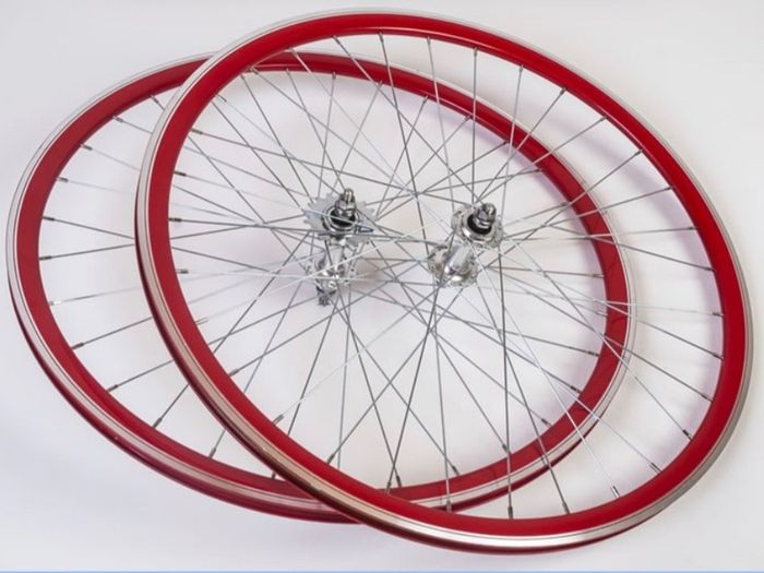 Red Bicycle Wheelset - Fixie/Singlespeed/FixedGear/Track Bike (FlipFlop Rear Hub) Sealed Bearings - Massively Discounted due to Cosmetic Flaws - Red Rims with Silver Spokes and Hubs.
