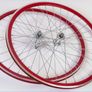 Red Bicycle Wheelset - Fixie/Singlespeed/FixedGear/Track Bike (FlipFlop Rear Hub) Sealed Bearings - Massively Discounted due to Cosmetic Flaws - Red Rims with Silver Spokes and Hubs. Image 2