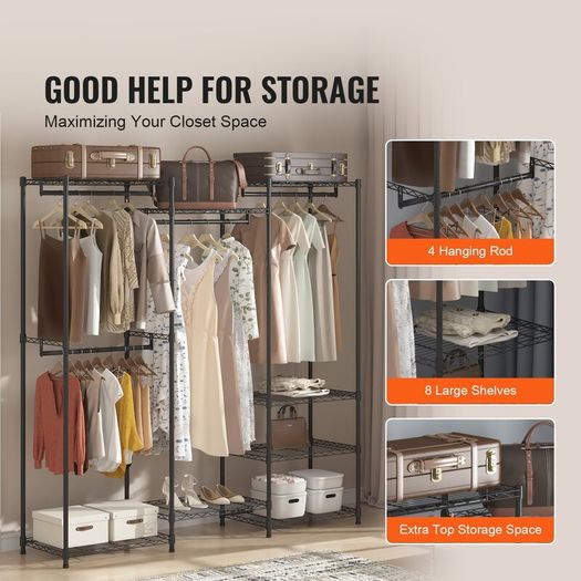 Heavy Duty  Clothes Rack Coat Rack 362 kg Loadable Freestanding Clothes Rack 174x180x45 cm 3 Clothes Rails Multifunctional 8-Layer for Bedroom, Laundry Room, Dressing Room