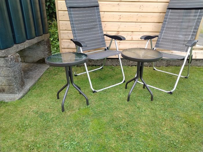 Set of x2 Garden Chairs and x2 Small Glass Top Tables