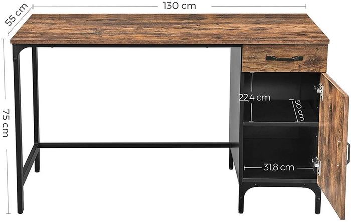 Desk, Table, with Drawer and Storage Cupboard, for Office, Living Room, Bedroom, Simple Assembly, Metal, Industrial Style, Rustic Brown