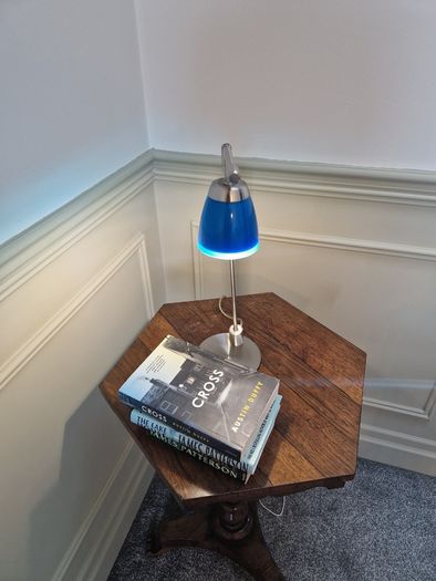Vintage Aluminor blue desk lamp, chrome-plated metal | translucent lampshade | retro design 40W