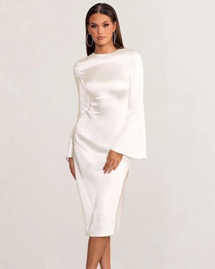 CLUB L Zaina White Long Sleeve Midi Dress With High Neckline Size 14!