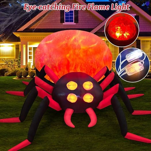 SEASONAL SALE 8 FT Giant Halloween Inflatable Spider Outdoor Decoration with Rotating LED Flame Light, Blow up Inflatables Outdoor Holiday Yard Decorations for Garden Lawn Roof Halloween Decor