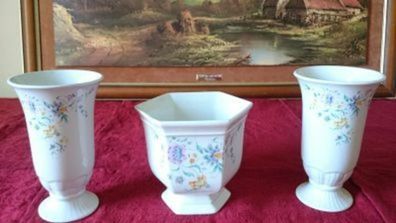 Antique 3 Pc Large Porcelain Vases With Floral Design By Royal Norfolk Staffordshire England