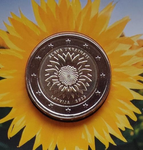 Latvia 2 Euro Base Metals Brilliant Uncirculated Coin 2023 - Sunflower for Ukraine - Commemorative 2 euro coins