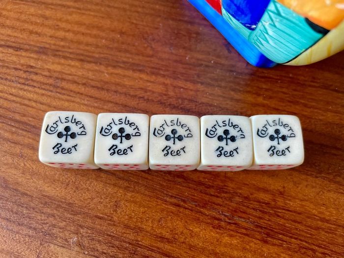 Rare Carlsberg Beer Early 20th Century Travel Poker Dice In Original Vintage Sliding Box Made in Denmark