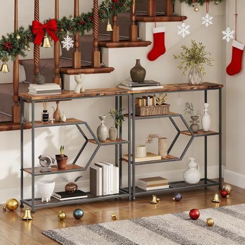 Entryway Table, 5-Tier Console Table, Industrial Narrow Entrance Table, 80cm Behind Couch Table, Sturdy Metal Frame, for Living Room, Entrance, Hallway, Rustic Brown and Black