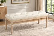 French Style Vintage Wooden Bench, Cream White Tufted Upholstered Seat, Classic Carved Wood Frame for Bedroom, Hallway &amp; Entryway