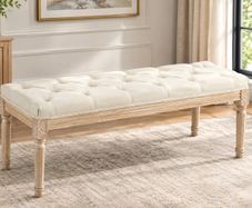 French Style Vintage Wooden Bench, Cream White Tufted Upholstered Seat, Classic Carved Wood Frame for Bedroom, Hallway & Entryway