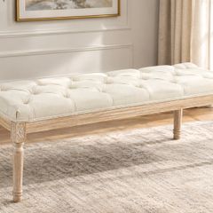 French Style Vintage Wooden Bench, Cream White Tufted Upholstered Seat, Classic Carved Wood Frame for Bedroom, Hallway & Entryway