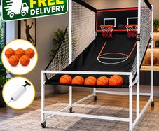 2-Player Basketball Arcade Game  7.5ft Dual Hoop Basketball Shooting Machine with Electronic Scoreboard, 8 Game Modes & 5 Balls