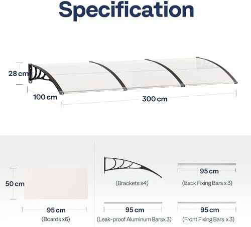 Large Window Door Awning Canopy,Transparent 300x100cm