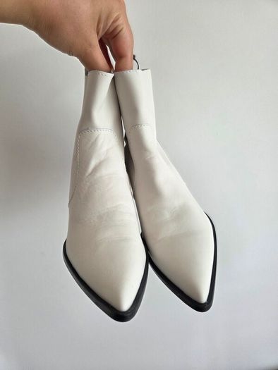 Zara Off White Leather Western Ankle Boots Size 37 EU