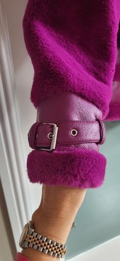RIVER ISLAND fuschia faux leather and fur biker jacket Sz 14UK - Rrp 125 (New)