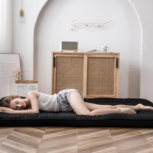 Japanese Floor Futon Mattress, Thicken Tatami Sleeping Pad Foldable Roll Up Dormitory Mat Pad Floor Lounger Pillow Bed (Double,Black)